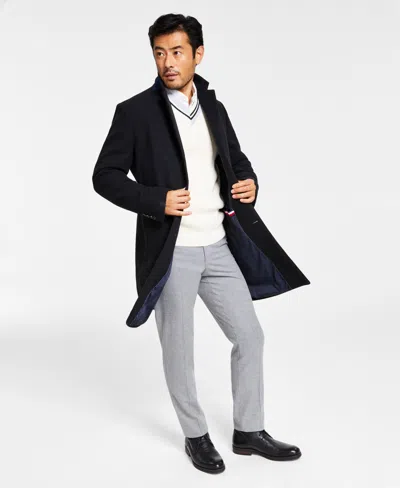 Tommy Hilfiger Men's Addison Wool-blend Trim Fit Overcoat In Navy Herringbone
