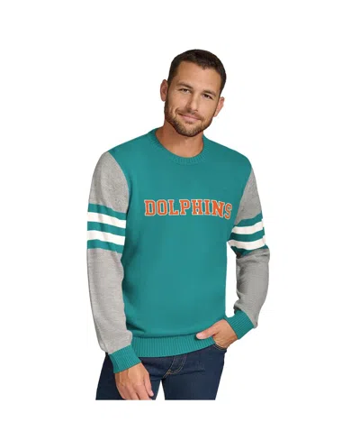 Tommy Hilfiger Men's Aqua/heather Gray Miami Dolphins Acrylic Crewneck Pullover Sweatshirt In Aqua,heather Gray