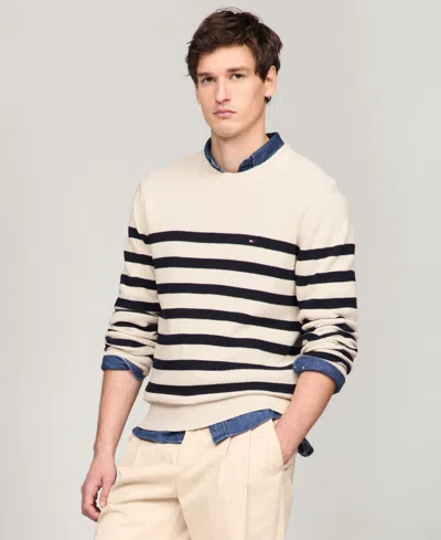 Tommy Hilfiger Men's Big & Tall Textured Knit Stripe Crewneck Sweater In Oatmilk Heathr,desert Sky