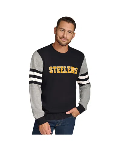 Tommy Hilfiger Men's Black/heather Gray Pittsburgh Steelers Acrylic Crewneck Pullover Sweatshirt In Black,heather Gray