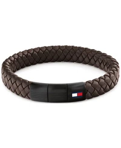 Tommy Hilfiger Men's Brown Leather With Black Ion-plating Braided Bracelet