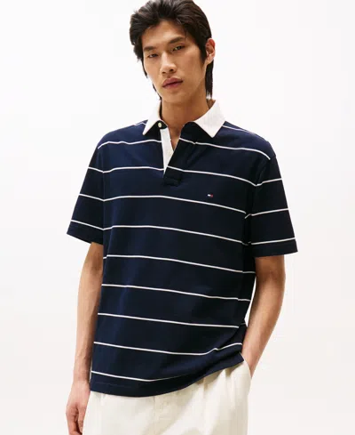 Tommy Hilfiger Men's Classic-fit Heavy Jersey Stripe Polo Shirt In Desert Sky,ivory Petal