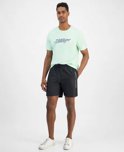 Tommy Hilfiger Men's Drawstring Logo 7" Swim Trunks In Black