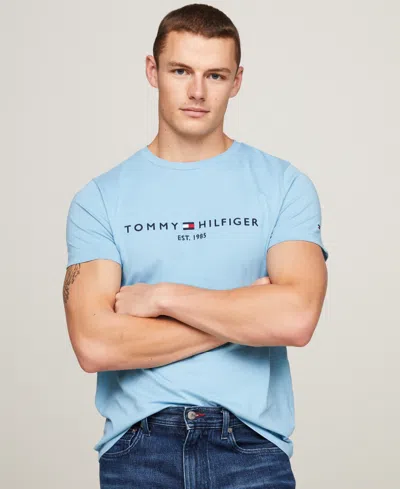 Tommy Hilfiger Men's Embroidered Logo Slim-fit Crewneck T-shirt In Sleepy Blue