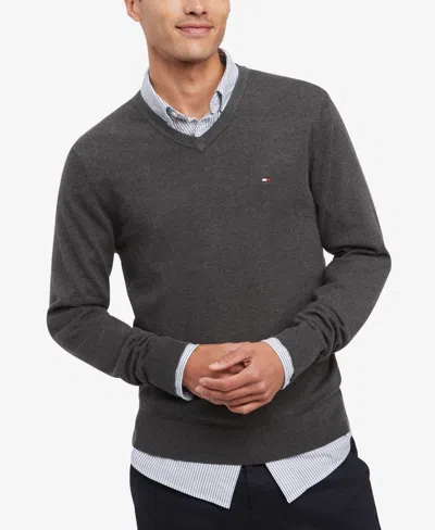 Tommy Hilfiger Men's Essential Solid V-neck Sweater In Dark Grey Heather
