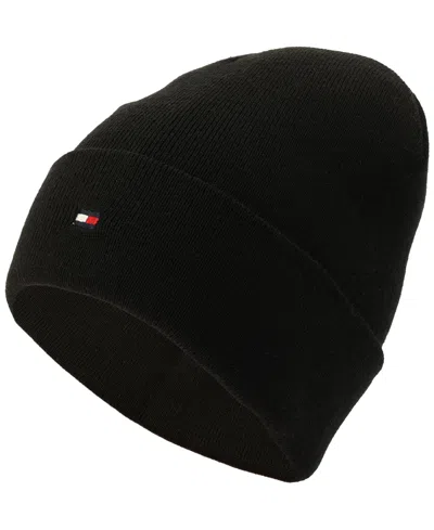 Tommy Hilfiger Men's Flag Embroidery Double Cuff Beanie In Black