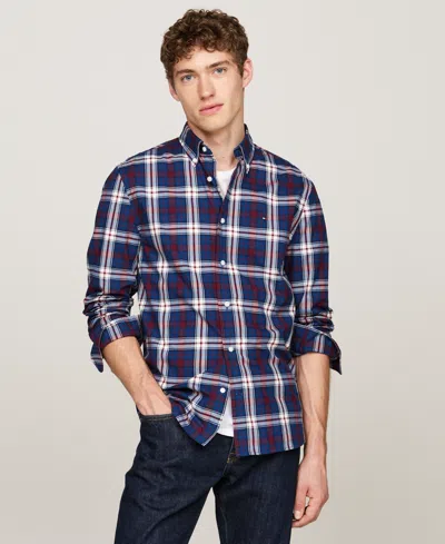 Tommy Hilfiger Men's Flex Poplin Tartan Regular-fit Long-sleeve Shirt In Deep Indigo,rouge Check