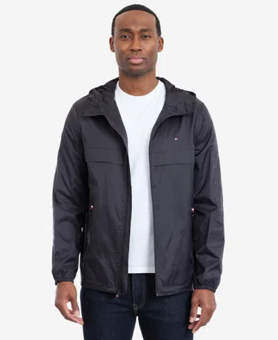 Tommy Hilfiger Men's Hooded Windbreaker Jacket In Black