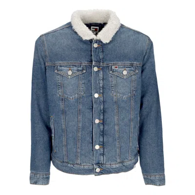 Tommy Hilfiger Men's Jeans Jacket Regular Sherpa Flag Trucker Jacket Denim Medium In Blu Blu E Verdi