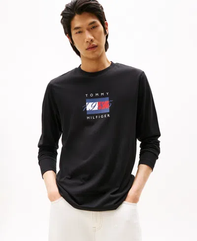 Tommy Hilfiger Men's Linear Flag Graphic Long Sleeves T-shirt In Black