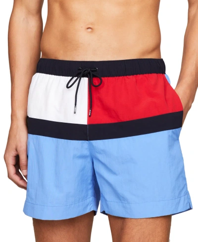 Tommy Hilfiger Men's Long Drawstring Flag 7" Swim Trunks In Blue Spell