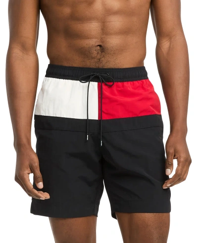 Tommy Hilfiger Men's Long Drawstring Flag 7" Swim Trunks In Desert Sky