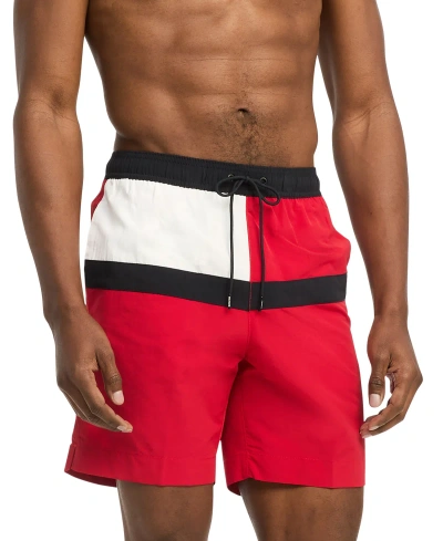 Tommy Hilfiger Men's Long Drawstring Flag 7" Swim Trunks In Primary Red