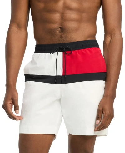 Tommy Hilfiger Men's Long Drawstring Flag 7" Swim Trunks In Th Optic White