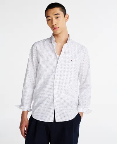 Tommy Hilfiger Men's Long Sleeve Button-front Dot Print Flex Poplin Shirt In Optic White,navy Dot