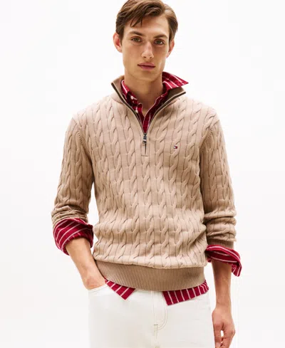 Tommy Hilfiger Men's Long-sleeve Cable Knit Quarter-zip Sweater In Brown