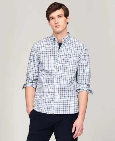 Tommy Hilfiger Men's Flex Poplin Tartan Regular-fit Long-sleeve Shirt In Deep Indigo,breezy Blue Check