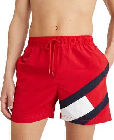 Tommy Hilfiger Men's Medium Drawstring 5" Swim Trunks In Primary Red