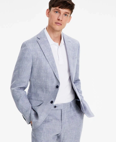 Tommy Hilfiger Men's Modern-fit Blue Plaid Linen Suit Separate Jacket In Blue,white Plaid