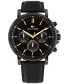 TOMMY HILFIGER MEN'S MULTIFUNCTION BLACK LEATHER WATCH 44MM