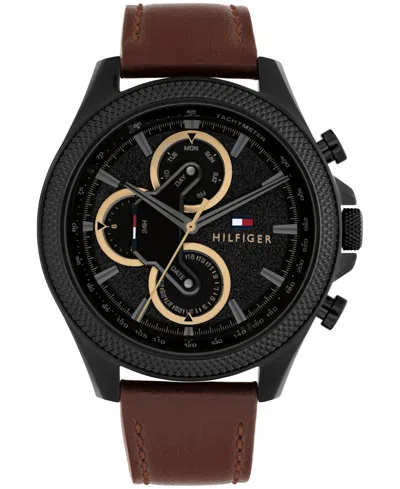 Tommy Hilfiger Men's Multifunction Brown Leather Strap Watch 46mm In Black