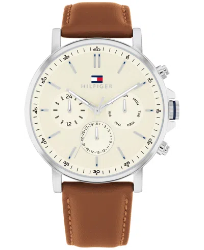 Tommy Hilfiger Men's Multifunction Brown Leather Watch 44mm In Parchment
