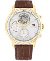 TOMMY HILFIGER MEN'S MULTIFUNCTION BROWN LEATHER WATCH 44MM