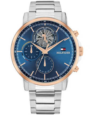 Tommy Hilfiger Men's Multifunction Silver Tone Stainless Steel Bracelet Watch, 44mm In Blue