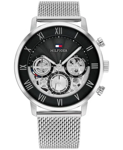 Tommy Hilfiger Men's Multifunction Silver Tone Stainless Steel Mesh Bracelet Watch, 44mm In Metallic