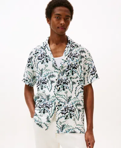 Tommy Hilfiger Men's Patterned Linen Button Up Short Sleeve Shirt In White