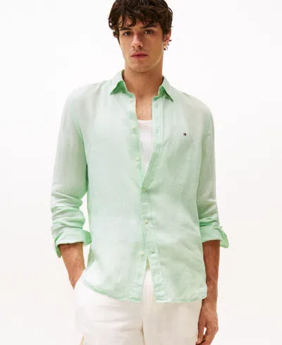 Tommy Hilfiger Men's Pigment-dyed Linen Button-down Long Sleeve Shirt In Opal Green