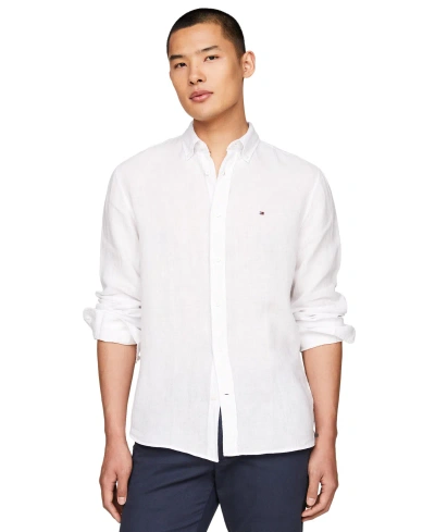 Tommy Hilfiger Men's Pigment-dyed Linen Button-down Long Sleeve Shirt In Optic White