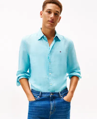 Tommy Hilfiger Men's Pigment-dyed Linen Button-down Long Sleeve Shirt In Blue