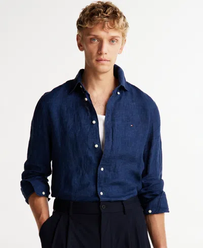 Tommy Hilfiger Men's Pigment-dyed Linen Button-down Long Sleeve Shirt In Black