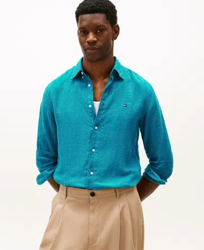 Tommy Hilfiger Men's Pigment-dyed Linen Button-down Long Sleeve Shirt In Blue