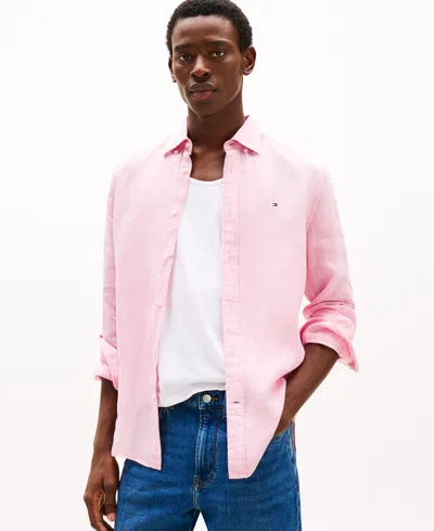 Tommy Hilfiger Men's Pigment-dyed Linen Button-down Long Sleeve Shirt In Pink