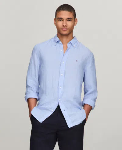 Tommy Hilfiger Men's Pigment-dyed Linen Button-down Long Sleeve Shirt In Vessel Blue