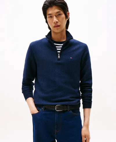 Tommy Hilfiger Men's Pima Cotton Cashmere Two-tone Zip Mock Neck Sweater In Blue