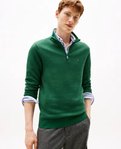 Tommy Hilfiger Men's Pima Cotton Cashmere Two-tone Zip Mock Neck Sweater In Green