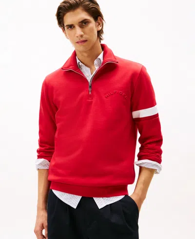 TOMMY HILFIGER MEN'S QUARTER-ZIP STRIPE SLEEVE SWEATSHIRT