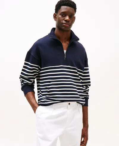 Tommy Hilfiger Men's Quarter-zip Stripe Sweatshirt In Desert Sky,ivory Petal