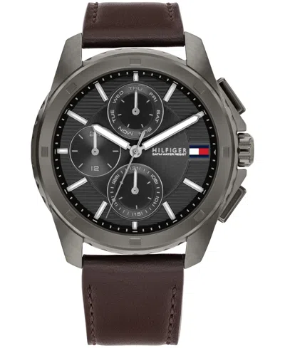 Tommy Hilfiger 44mm Multifunction Brown Leather Watch In Grey
