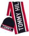 Tommy Hilfiger Men's Racing Stripe Scarf, Logo Cuff Hat & Gloves Set In Desert Sky,apple Red,snow White