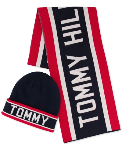 Tommy Hilfiger Men's Racing Stripe Scarf, Logo Cuff Hat & Gloves Set In Desert Sky,apple Red,snow White