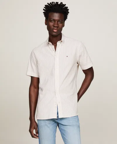 Tommy Hilfiger Men's Regular-fit Candy Stripe Linen Shirt In Beige,optic White
