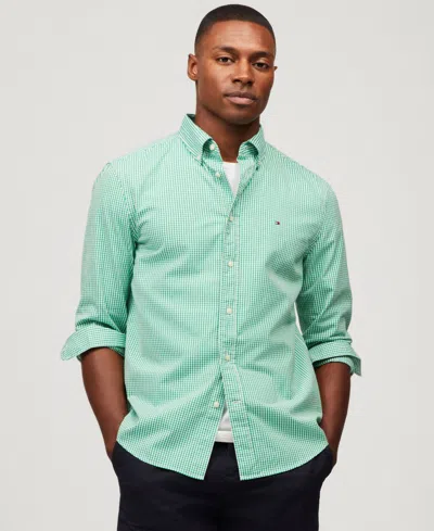 Tommy Hilfiger Men's Regular-fit Flex Gingham Check Button-down Poplin Shirt In Olympic Green,optic White