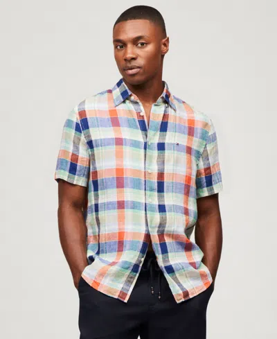 Tommy Hilfiger Men's Regular-fit Linen Madras Shirt In Brilliant Orange,check