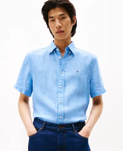 Tommy Hilfiger Men's Regular-fit Linen Short-sleeve Shirt In Blue