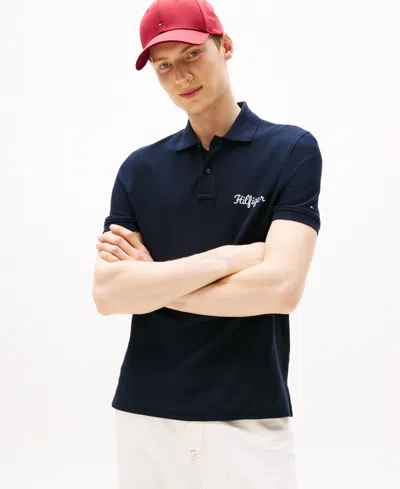 Tommy Hilfiger Men's Regular-fit Logo Script Polo Shirt In Blue