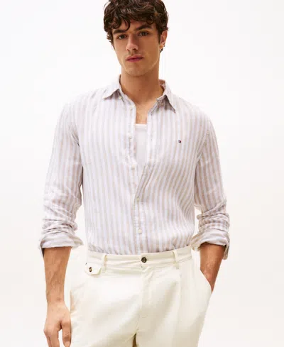 Tommy Hilfiger Men's Regular-fit Stripe Linen Shirt In Sandalwood,optic White
